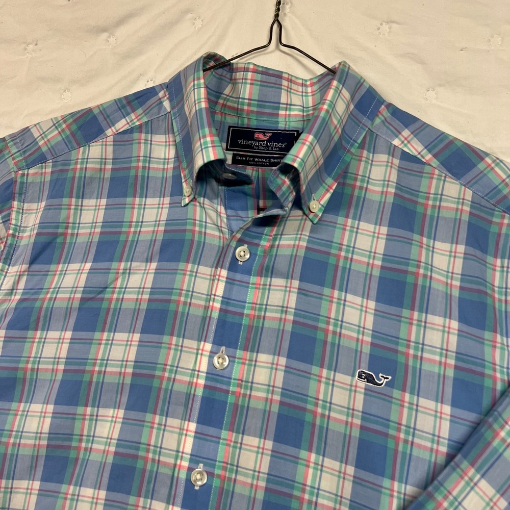 Vineyard Vines Mens Slim Fit Whale Shirt Blue Pink Plaid Button Down Medium